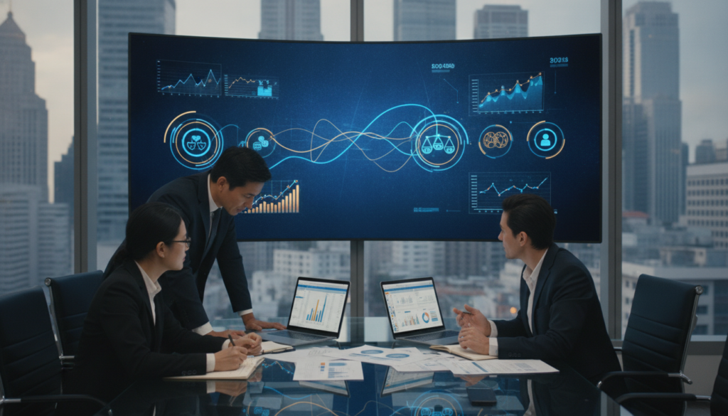 A photorealistic office setting focused on risk management in P2P lending. In the foreground, a diverse group of three professionals dressed in smart business attire are engaged in discussion around a modern conference table, with laptops and financial documents scattered before them. The middle ground features a sleek digital display showcasing abstract graphs and icons of diversification strategies, illuminated with soft blue and gold lighting. In the background, large windows reveal a city skyline, emphasizing a high-end, professional atmosphere. The room has an air of collaboration and strategic planning, with reflections of light on glass surfaces enhancing the clean, premium look of the scene.