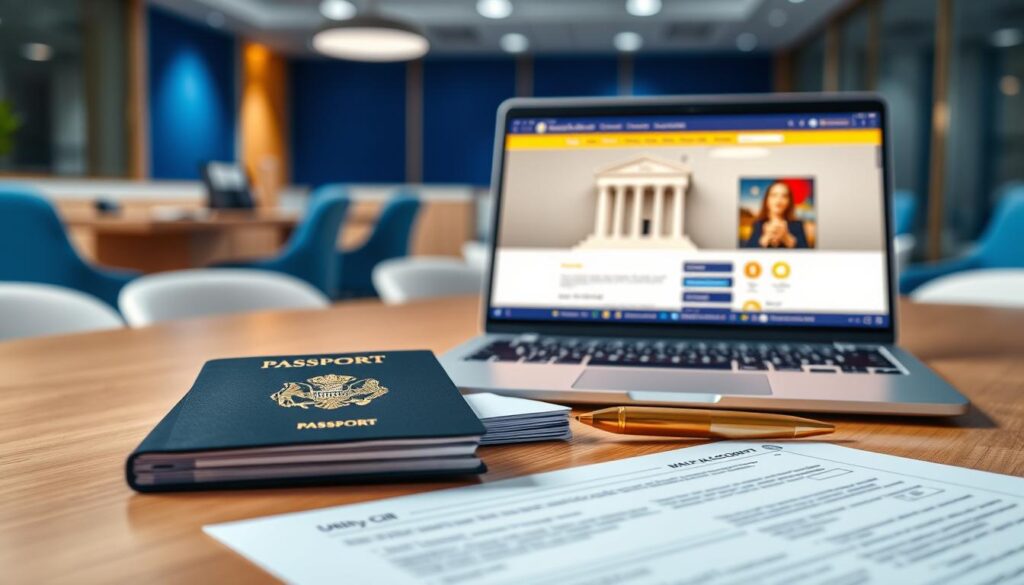A photorealistic office setting showcasing a collection of essential documents for opening a bank account. In the foreground, neatly arranged are a passport, utility bill, and a completed application form on a sleek wooden desk. In the middle, a stylish laptop with a soft glow illuminates the scene, displaying a bank's website, while a gold pen lies beside the documents. The background features a blurred modern office with blue and gold accents, creating a clean and premium atmosphere. The lighting is soft yet bright, enhancing the professionalism of the scene. The overall mood is organized and focused, conveying a sense of reliability and efficiency in the banking process. A photorealistic office setting showcasing a collection of essential documents for opening a bank account. In the foreground, neatly arranged are a passport, utility bill, and a completed application form on a sleek wooden desk. In the middle, a stylish laptop with a soft glow illuminates the scene, displaying a bank's website, while a gold pen lies beside the documents. The background features a blurred modern office with blue and gold accents, creating a clean and premium atmosphere. The lighting is soft yet bright, enhancing the professionalism of the scene. The overall mood is organized and focused, conveying a sense of reliability and efficiency in the banking process.