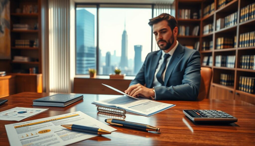 A photorealistic office setting with a focus on financial benefits of life insurance. In the foreground, a polished wooden desk is adorned with elegant gold and blue paperwork, a sleek pen, and a modern calculator. A gentleman in professional business attire, exhibiting confidence, is reviewing documents. In the middle ground, a soft-focus view of a large window allows natural light to flood the room, illuminating an elegant cityscape beyond. The background features stylish shelves filled with financial books, emphasizing a premium ambiance. The color palette is rich in blue and gold, creating a sophisticated atmosphere. The overall mood conveys stability, security, and the advantages of financial planning. A photorealistic office setting with a focus on financial benefits of life insurance. In the foreground, a polished wooden desk is adorned with elegant gold and blue paperwork, a sleek pen, and a modern calculator. A gentleman in professional business attire, exhibiting confidence, is reviewing documents. In the middle ground, a soft-focus view of a large window allows natural light to flood the room, illuminating an elegant cityscape beyond. The background features stylish shelves filled with financial books, emphasizing a premium ambiance. The color palette is rich in blue and gold, creating a sophisticated atmosphere. The overall mood conveys stability, security, and the advantages of financial planning.