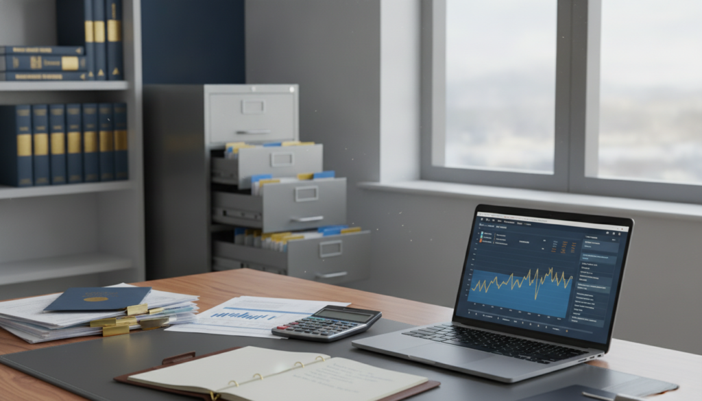 A photorealistic office workspace featuring practical tools for filing tax returns related to foreign trading accounts. In the foreground, an elegant wooden desk with an organized layout, showcasing a laptop displaying financial graphs, a notepad with neatly written notes, a calculator, and a stack of organized paperwork. In the middle ground, a sleek filing cabinet with opened drawers revealing tax forms and reference materials. In the background, a large window allowing soft, natural light to flood the room, complemented by a minimalist bookshelf filled with finance books. The overall color palette emphasizes blue and gold accents, creating a clean and premium look, imbued with a sense of professionalism and focus. The atmosphere is calm and serene, ideal for productive work. A photorealistic office workspace featuring practical tools for filing tax returns related to foreign trading accounts. In the foreground, an elegant wooden desk with an organized layout, showcasing a laptop displaying financial graphs, a notepad with neatly written notes, a calculator, and a stack of organized paperwork. In the middle ground, a sleek filing cabinet with opened drawers revealing tax forms and reference materials. In the background, a large window allowing soft, natural light to flood the room, complemented by a minimalist bookshelf filled with finance books. The overall color palette emphasizes blue and gold accents, creating a clean and premium look, imbued with a sense of professionalism and focus. The atmosphere is calm and serene, ideal for productive work.