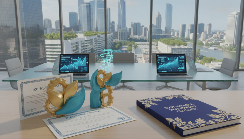 A photorealistic representation of financial instruments symbolizing the green economy in an office setting. In the foreground, display symbolic items like eco-friendly stocks, green bonds, and sustainable investment reports, all in gold and blue colors. The middle ground features a sleek conference table with modern financial devices like tablets and laptops, showcasing green finance metrics without visible text or charts. In the background, large windows reveal a vibrant cityscape with greenery, reflecting an eco-conscious urban environment. Soft, natural lighting filters through the windows, creating a clean, premium atmosphere. The overall mood is professional and optimistic, showcasing innovation in sustainable finance. A photorealistic representation of financial instruments symbolizing the green economy in an office setting. In the foreground, display symbolic items like eco-friendly stocks, green bonds, and sustainable investment reports, all in gold and blue colors. The middle ground features a sleek conference table with modern financial devices like tablets and laptops, showcasing green finance metrics without visible text or charts. In the background, large windows reveal a vibrant cityscape with greenery, reflecting an eco-conscious urban environment. Soft, natural lighting filters through the windows, creating a clean, premium atmosphere. The overall mood is professional and optimistic, showcasing innovation in sustainable finance.