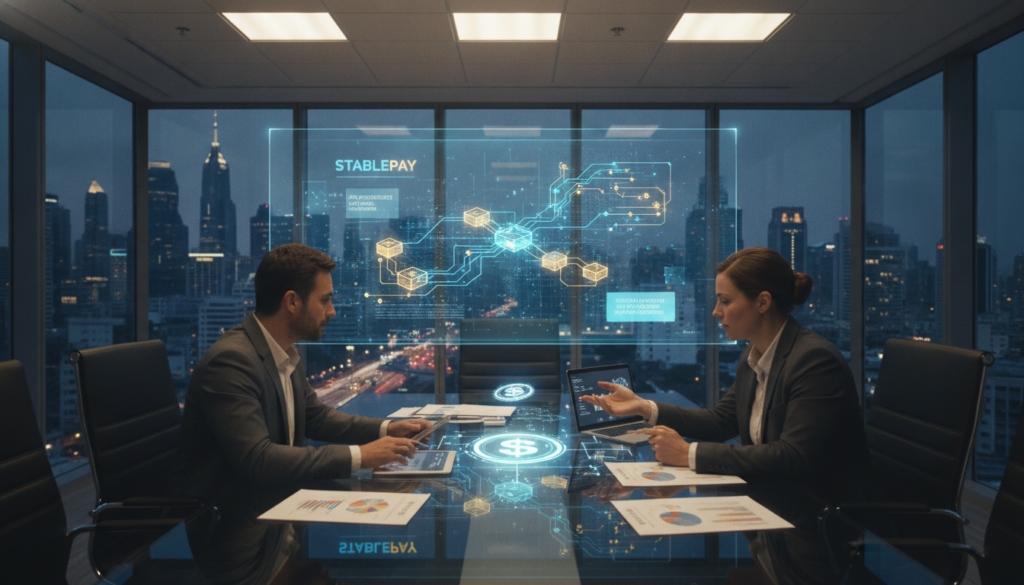 A photorealistic scene depicting a modern office environment focused on payment solutions with stablecoins. In the foreground, a diverse group of three professionals dressed in smart business attire—two men and one woman—are collaborating around a sleek, glass conference table adorned with digital devices and paperwork. The middle ground features a large digital display showing a simplified, abstract representation of stablecoin transactions, elegantly illuminated in blue and gold hues. In the background, panoramic windows reveal a bustling city skyline, reflecting the future of finance. The lighting is bright yet warm, creating an inviting atmosphere. This image conveys innovation, professionalism, and the transformative impact of decentralized finance (DeFi) on payments. A photorealistic scene depicting a modern office environment focused on payment solutions with stablecoins. In the foreground, a diverse group of three professionals dressed in smart business attire—two men and one woman—are collaborating around a sleek, glass conference table adorned with digital devices and paperwork. The middle ground features a large digital display showing a simplified, abstract representation of stablecoin transactions, elegantly illuminated in blue and gold hues. In the background, panoramic windows reveal a bustling city skyline, reflecting the future of finance. The lighting is bright yet warm, creating an inviting atmosphere. This image conveys innovation, professionalism, and the transformative impact of decentralized finance (DeFi) on payments.