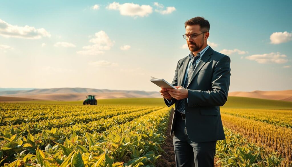 A photorealistic scene depicting a professional agronomist in business attire standing in a sunlit agricultural field, analyzing soil samples. In the foreground, a variety of crops flourish, showcasing the potential for generating income from land. The middle ground features a neatly arranged row of vibrant crops with a small tractor in the distance, highlighting modern farming techniques. In the background, gentle rolling hills under a bright blue sky with soft, scattered clouds evoke a sense of tranquility and prosperity. The overall color scheme incorporates rich greens, warm golds, and deep blues, creating a premium feel. Natural lighting enhances the scene, casting soft shadows and emphasizing the vibrancy of the agricultural landscape, reflecting the potential for profitability in land investment. A photorealistic scene depicting a professional agronomist in business attire standing in a sunlit agricultural field, analyzing soil samples. In the foreground, a variety of crops flourish, showcasing the potential for generating income from land. The middle ground features a neatly arranged row of vibrant crops with a small tractor in the distance, highlighting modern farming techniques. In the background, gentle rolling hills under a bright blue sky with soft, scattered clouds evoke a sense of tranquility and prosperity. The overall color scheme incorporates rich greens, warm golds, and deep blues, creating a premium feel. Natural lighting enhances the scene, casting soft shadows and emphasizing the vibrancy of the agricultural landscape, reflecting the potential for profitability in land investment.