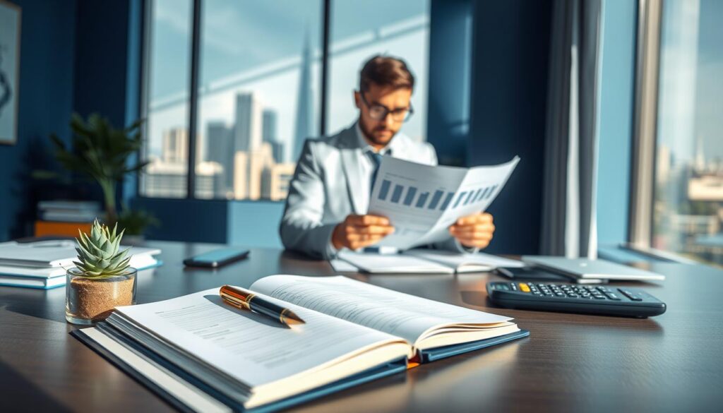 A photorealistic scene depicting a professional office setting in shades of blue and gold. In the foreground, a well-organized desk holds a stylish open notebook with a pen, a calculator, and a small succulent plant, symbolizing financial planning. In the middle ground, a focused individual in professional attire analyzes financial documents, demonstrating the concept of an emergency fund. The background features a large window letting in soft natural light, casting gentle shadows, and showcasing a city skyline, suggesting stability and growth. The overall atmosphere is calm yet alert, embodying the importance of financial preparedness and the serious nature of defining a real financial emergency.