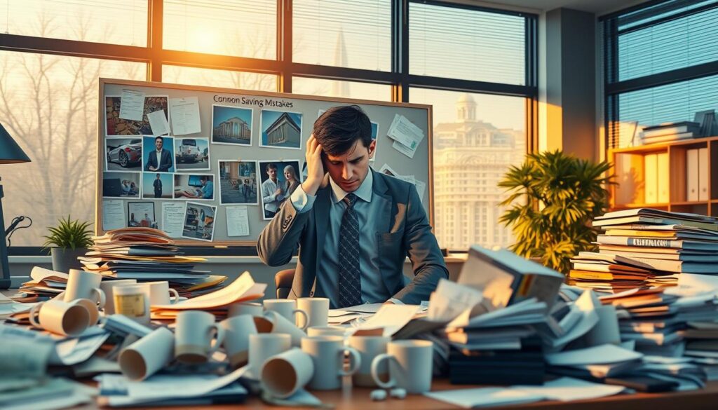 A photorealistic scene depicting common savings mistakes in a finance/office setting. In the foreground, a distressed individual in professional attire, examining a cluttered desk filled with bills, receipts, and empty coffee cups, symbolizing financial chaos. In the middle, a pinboard with images representing poor financial decisions, such as impulse purchases and high-interest loans. In the background, a large window with warm natural light pouring in, creating a sense of contrast between the chaotic foreground and the serene outside world. The color palette features shades of blue and gold, enhancing the clean, premium look. The mood conveys urgency and the importance of financial awareness without any text or caption. A photorealistic scene depicting common savings mistakes in a finance/office setting. In the foreground, a distressed individual in professional attire, examining a cluttered desk filled with bills, receipts, and empty coffee cups, symbolizing financial chaos. In the middle, a pinboard with images representing poor financial decisions, such as impulse purchases and high-interest loans. In the background, a large window with warm natural light pouring in, creating a sense of contrast between the chaotic foreground and the serene outside world. The color palette features shades of blue and gold, enhancing the clean, premium look. The mood conveys urgency and the importance of financial awareness without any text or caption.