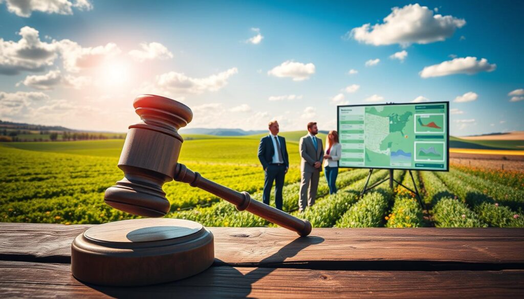 A picturesque agricultural landscape featuring lush green fields stretching into the distance, dotted with vibrant wildflowers. In the foreground, a wooden auction gavel rests on a rustic table, symbolizing the exciting opportunities of agricultural land auctions. In the middle ground, a diverse group of professional investors in smart business attire discuss and analyze land parcels displayed on a modern screen, showcasing a focused, engaged atmosphere. Bright sunlight filters through scattered clouds, casting a warm glow over the scene. The background reveals rolling hills and a clear blue sky, presenting a sense of opportunity and growth. The overall mood is optimistic and professional, with clean, premium aesthetics emphasizing a blue and gold color palette, evoking a sense of wealth and investment potential. A picturesque agricultural landscape featuring lush green fields stretching into the distance, dotted with vibrant wildflowers. In the foreground, a wooden auction gavel rests on a rustic table, symbolizing the exciting opportunities of agricultural land auctions. In the middle ground, a diverse group of professional investors in smart business attire discuss and analyze land parcels displayed on a modern screen, showcasing a focused, engaged atmosphere. Bright sunlight filters through scattered clouds, casting a warm glow over the scene. The background reveals rolling hills and a clear blue sky, presenting a sense of opportunity and growth. The overall mood is optimistic and professional, with clean, premium aesthetics emphasizing a blue and gold color palette, evoking a sense of wealth and investment potential.