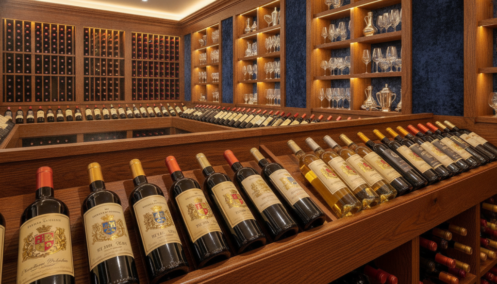 A premium wine cellar designed for investment, showcasing a collection of exquisite vintage wines. In the foreground, elegantly arranged wine bottles with intricate labels, showcasing rich reds and whites, standing on polished wooden racks. The middle layer features a well-organized cellar with soft, golden ambient lighting, illuminating the bottles and emphasizing the wood's grain. In the background, shelves lined with assorted wine glasses and decorative wine accessories create a sophisticated atmosphere. The scene exudes a sense of wealth and knowledge, highlighting the importance of optimal wine preservation. A clean, photorealistic aesthetic with blue and gold accents, evoking a luxurious ambiance, invites the viewer into a world of fine wine investment.