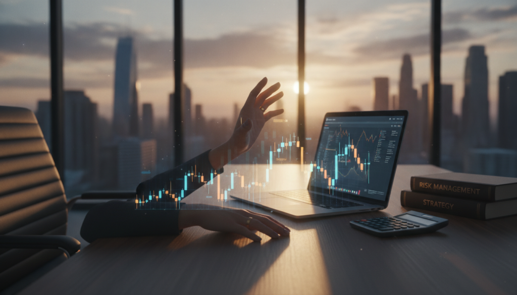 A professional finance office setting featuring an elegant, modern desk with a laptop open to a trading platform, displaying candlestick charts in blue and gold hues. In the foreground, a pair of hands elegantly gesturing over the desk, showcasing the concept of leverage in trading. The middle ground should include financial books and a sleek calculator, emphasizing risk management and strategy. In the background, large windows reveal a vibrant city skyline, bathed in the warm glow of sunset, creating a serene yet dynamic atmosphere. The entire composition is shot with a wide-angle lens to capture the depth of the office space, illuminated by soft, natural light for a clean and professional look. A professional finance office setting featuring an elegant, modern desk with a laptop open to a trading platform, displaying candlestick charts in blue and gold hues. In the foreground, a pair of hands elegantly gesturing over the desk, showcasing the concept of leverage in trading. The middle ground should include financial books and a sleek calculator, emphasizing risk management and strategy. In the background, large windows reveal a vibrant city skyline, bathed in the warm glow of sunset, creating a serene yet dynamic atmosphere. The entire composition is shot with a wide-angle lens to capture the depth of the office space, illuminated by soft, natural light for a clean and professional look.