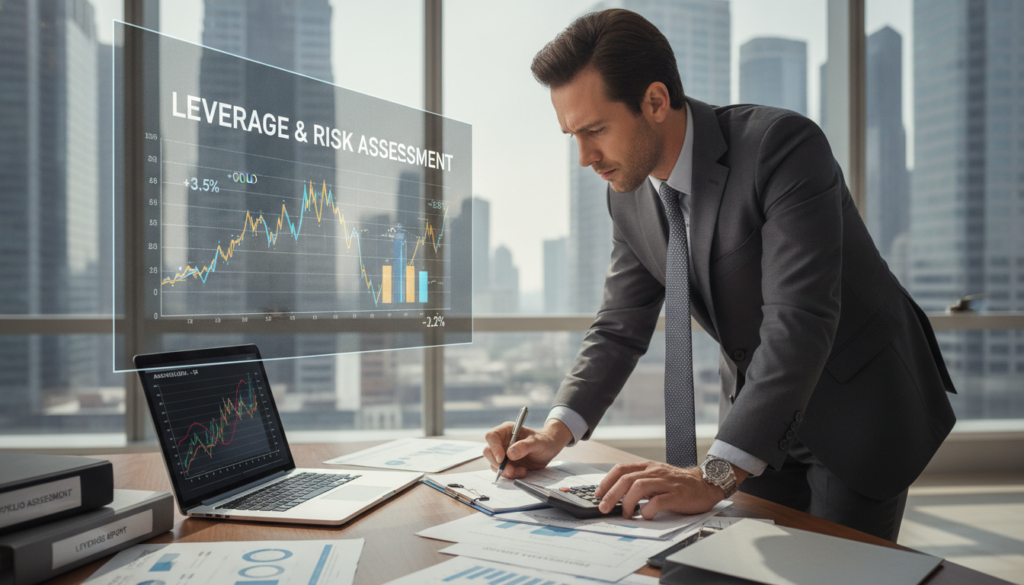 A professional office environment featuring a sleek desk with financial documents and a laptop displaying an analytical graph. In the foreground, a confident business professional in formal attire, thoughtfully analyzing risk management strategies, with a calculator and notes nearby. The middle layer includes a digital display showcasing fluctuating gold and blue financial graphs, symbolizing leverage and risk assessment in trading. The background shows a modern city skyline through large windows, reflecting a bright and successful business atmosphere bathed in natural light. The mood is focused and strategic, evoking a sense of professionalism and careful consideration of potential financial risks. A professional office environment featuring a sleek desk with financial documents and a laptop displaying an analytical graph. In the foreground, a confident business professional in formal attire, thoughtfully analyzing risk management strategies, with a calculator and notes nearby. The middle layer includes a digital display showcasing fluctuating gold and blue financial graphs, symbolizing leverage and risk assessment in trading. The background shows a modern city skyline through large windows, reflecting a bright and successful business atmosphere bathed in natural light. The mood is focused and strategic, evoking a sense of professionalism and careful consideration of potential financial risks.