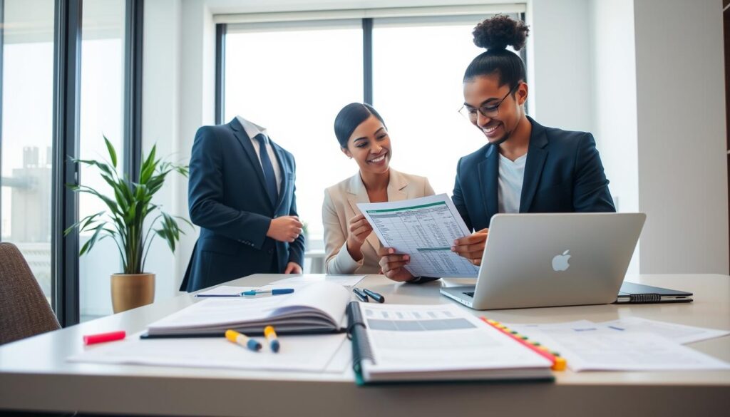 A professional office setting depicting a well-organized family budget management scene. In the foreground, a diverse couple, dressed in smart business attire, is discussing financial strategies while reviewing a spreadsheet on a sleek laptop at a modern, minimalist desk. The middle ground features a stylish planner and financial worksheets scattered with colorful tabs. In the background, a large window lets in soft natural light, illuminating the space and casting gentle shadows, creating a calm and focused atmosphere. The color palette consists of soothing blues and rich golds, emphasizing a clean, premium look. The scene is designed to inspire confidence in effective budgeting strategies, with no text or charts present. A professional office setting depicting a well-organized family budget management scene. In the foreground, a diverse couple, dressed in smart business attire, is discussing financial strategies while reviewing a spreadsheet on a sleek laptop at a modern, minimalist desk. The middle ground features a stylish planner and financial worksheets scattered with colorful tabs. In the background, a large window lets in soft natural light, illuminating the space and casting gentle shadows, creating a calm and focused atmosphere. The color palette consists of soothing blues and rich golds, emphasizing a clean, premium look. The scene is designed to inspire confidence in effective budgeting strategies, with no text or charts present.