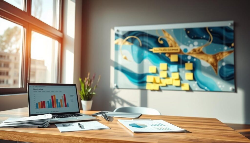 A professional office setting featuring a sleek, modern workspace. In the foreground, a stylish wooden desk is adorned with neatly arranged financial documents and a laptop displaying graphs and charts (no text). To the side, a large window allows natural light to flood in, casting soft shadows across the scene. The middle ground showcases a glass board with colorful sticky notes outlining eligible expenses for tax credits, emphasizing innovation. In the background, a wall adorned with abstract art in blue and gold hues adds depth to the space, creating a premium atmosphere. The image captures a sense of focus and ambition, ideal for a finance article about innovation tax credits. The lighting is bright and professional, accentuating the clean lines of the office design. A professional office setting featuring a sleek, modern workspace. In the foreground, a stylish wooden desk is adorned with neatly arranged financial documents and a laptop displaying graphs and charts (no text). To the side, a large window allows natural light to flood in, casting soft shadows across the scene. The middle ground showcases a glass board with colorful sticky notes outlining eligible expenses for tax credits, emphasizing innovation. In the background, a wall adorned with abstract art in blue and gold hues adds depth to the space, creating a premium atmosphere. The image captures a sense of focus and ambition, ideal for a finance article about innovation tax credits. The lighting is bright and professional, accentuating the clean lines of the office design.