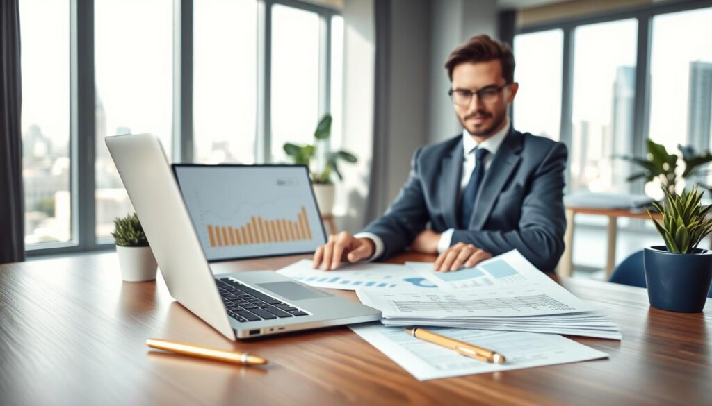 A professional office setting focused on debt consolidation loans. In the foreground, a confident business professional in smart business attire, reviewing financial documents on a sleek wooden desk. The middle ground features a modern laptop displaying graphs and numbers, with a stylish gold pen and a small potted plant adding a touch of elegance. The background consists of a softly lit office with large windows revealing a cityscape, casting natural light that highlights the blue and gold color scheme of the decor. The mood is optimistic and focused, conveying a sense of financial empowerment and organization, ideal for illustrating a section on requesting debt consolidation loans in Italy. A professional office setting focused on debt consolidation loans. In the foreground, a confident business professional in smart business attire, reviewing financial documents on a sleek wooden desk. The middle ground features a modern laptop displaying graphs and numbers, with a stylish gold pen and a small potted plant adding a touch of elegance. The background consists of a softly lit office with large windows revealing a cityscape, casting natural light that highlights the blue and gold color scheme of the decor. The mood is optimistic and focused, conveying a sense of financial empowerment and organization, ideal for illustrating a section on requesting debt consolidation loans in Italy.