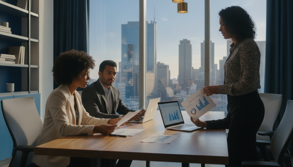 A professional office setting reflecting the theme of "conscious investment". In the foreground, a diverse group of three business professionals, dressed in smart casual and business attire, are engaged in discussion around a sleek wooden table with financial documents and laptops open. The middle ground features a modern office with large windows allowing natural light to illuminate the space, casting soft shadows. In the background, a city skyline can be seen against a clear blue sky, merging blue and gold color tones throughout the scene. The overall atmosphere is focused and sophisticated, conveying a sense of clarity and purpose in financial decision-making. The image should be photorealistic with a clean, premium appearance, devoid of any charts, fake text, or logos. A professional office setting reflecting the theme of "conscious investment". In the foreground, a diverse group of three business professionals, dressed in smart casual and business attire, are engaged in discussion around a sleek wooden table with financial documents and laptops open. The middle ground features a modern office with large windows allowing natural light to illuminate the space, casting soft shadows. In the background, a city skyline can be seen against a clear blue sky, merging blue and gold color tones throughout the scene. The overall atmosphere is focused and sophisticated, conveying a sense of clarity and purpose in financial decision-making. The image should be photorealistic with a clean, premium appearance, devoid of any charts, fake text, or logos.