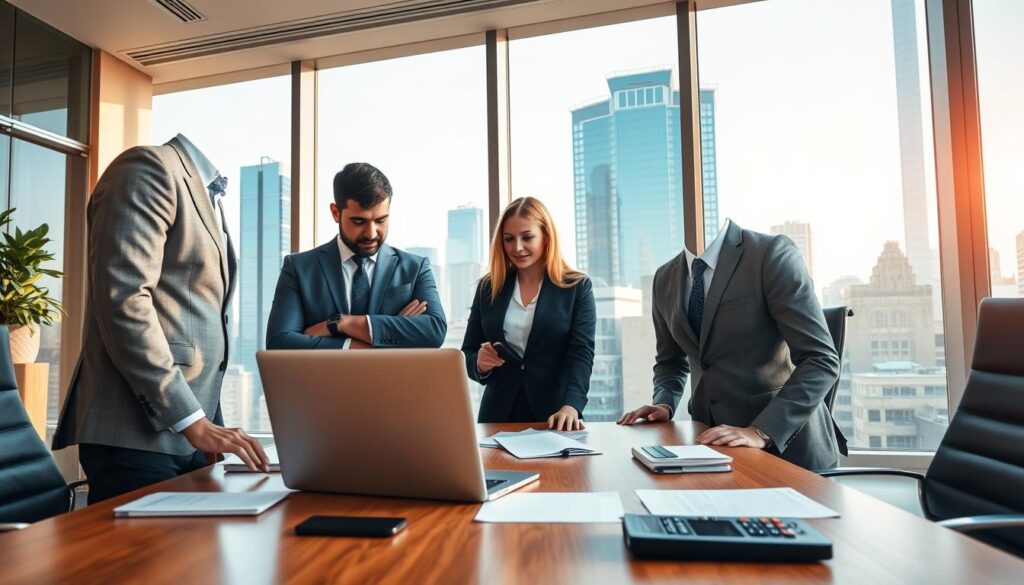 A professional, photorealistic office scene focused on evaluating risks and potential in real estate investments. In the foreground, a diverse group of three business professionals—two men and one woman—dressed in stylish business attire, engaged in discussion over a laptop displaying property data. The middle layer features a sleek wooden conference table with documents, a calculator, and a smartphone. In the background, large windows with a city skyline view, bathed in warm, natural light, enhance the upscale atmosphere. The color palette incorporates blue and gold accents, creating a clean, premium look. The image conveys a mood of contemplation and focus on financial strategy without text or charts.