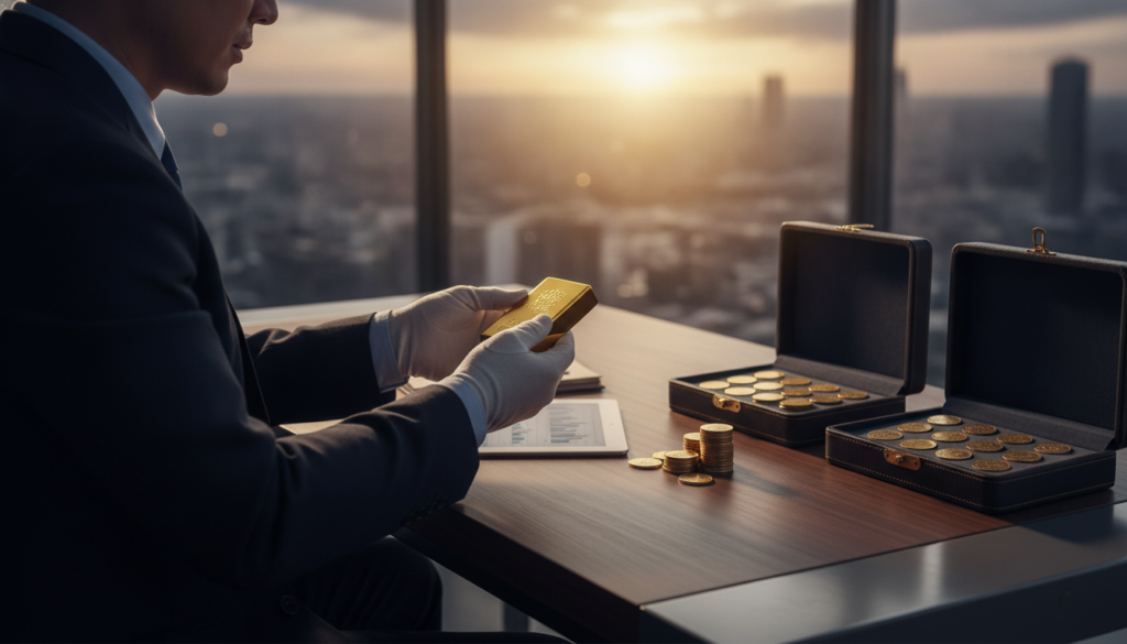 A professional setting with a focus on the theme of buying physical gold. In the foreground, a well-dressed individual in business attire examines a shiny gold bullion, holding it carefully with both hands. The middle ground features a sleek, modern desk adorned with gold coins and small, secure storage cases, suggesting safety and investment. The background includes a large window with a view of a city skyline, drenched in soft, natural light that casts gentle shadows, enhancing the premium atmosphere. The color palette blends rich blues and warm golds, evoking a sense of wealth and stability. The overall mood conveys confidence and professionalism, perfect for illustrating the safe purchase of physical gold. A professional setting with a focus on the theme of buying physical gold. In the foreground, a well-dressed individual in business attire examines a shiny gold bullion, holding it carefully with both hands. The middle ground features a sleek, modern desk adorned with gold coins and small, secure storage cases, suggesting safety and investment. The background includes a large window with a view of a city skyline, drenched in soft, natural light that casts gentle shadows, enhancing the premium atmosphere. The color palette blends rich blues and warm golds, evoking a sense of wealth and stability. The overall mood conveys confidence and professionalism, perfect for illustrating the safe purchase of physical gold.