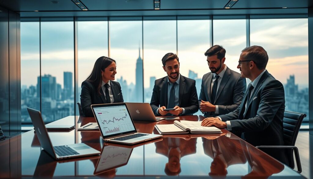 A sleek and modern office environment featuring a large, polished desk with a laptop, financial reports, and a smartphone displaying e-commerce data. In the foreground, a diverse group of three professionals—two men and one woman—are discussing dropshipping strategies, dressed in business attire. The middle ground showcases a large window with a city skyline in the background, bathed in soft blue and gold lighting, creating a sophisticated atmosphere. The overall mood is focused and professional, with an air of collaboration. The style is photorealistic, emphasizing clean lines and a premium aesthetic, with no text or charts present, highlighting the theme of market and competition in dropshipping.