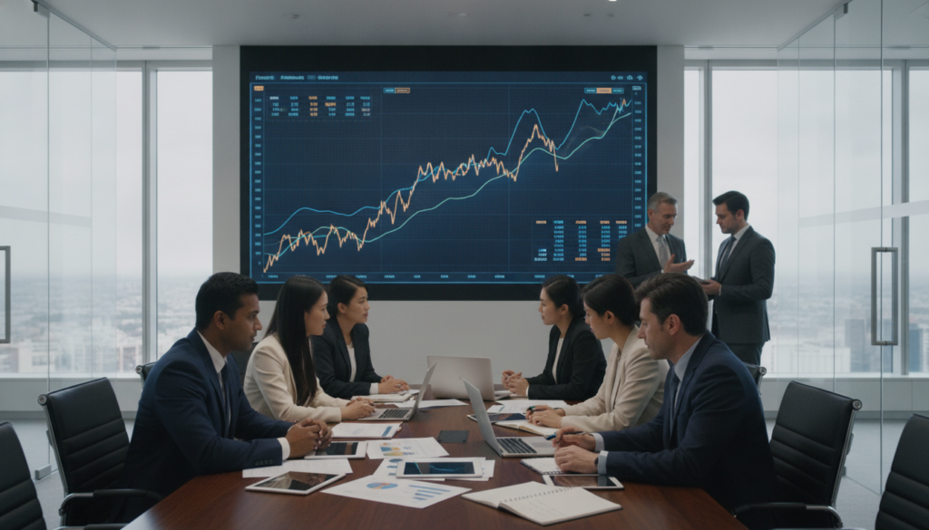 A sleek and modern office space featuring a diverse group of professionals engaged in discussions about bonds and investments. In the foreground, a male and female analyst in professional business attire are attentively reviewing documents on a polished wooden table, surrounded by laptops and notepads. In the middle ground, a large digital board displays market trends with graphs in blue and gold colors, symbolizing the financial theme. The background showcases a panoramic city view through large windows, with soft natural light illuminating the scene, creating a clean and premium atmosphere. The mood is focused and collaborative, reflecting an environment of serious investment discussions without any text or distracting elements in the image.