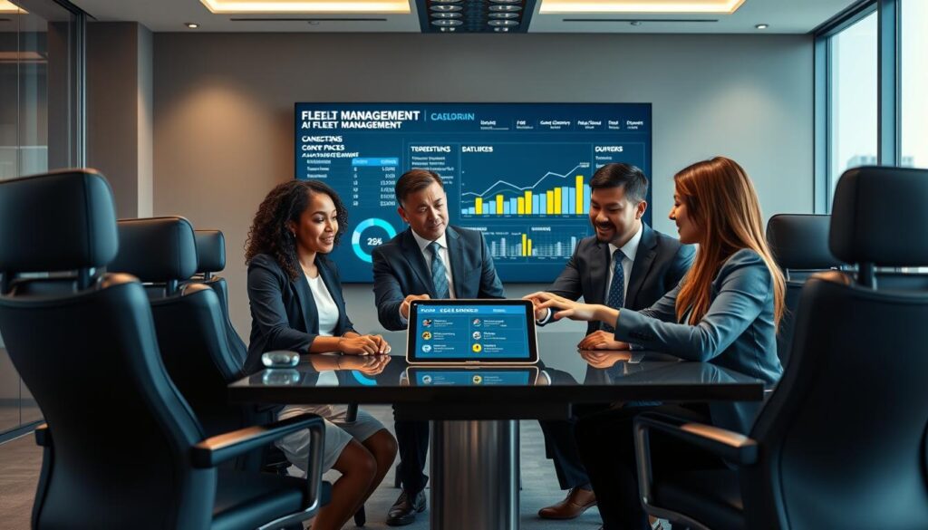 A sleek conference room setting with a modern table, surrounded by high-backed chairs, featuring a large digital screen displaying data analytics related to fleet management. In the foreground, a diverse group of three professionals in business attire—a Black woman, a Caucasian man, and an Asian woman—are engaged in a discussion, pointing at a tablet showcasing accessory services options. The room is illuminated by soft overhead lighting, creating a warm, inviting atmosphere. The background shows a large window with a cityscape view, while blue and gold accents are present in decor and digital displays. The composition conveys a sense of professionalism and collaboration, emphasizing the importance of accessory services in corporate fleet management. A sleek conference room setting with a modern table, surrounded by high-backed chairs, featuring a large digital screen displaying data analytics related to fleet management. In the foreground, a diverse group of three professionals in business attire—a Black woman, a Caucasian man, and an Asian woman—are engaged in a discussion, pointing at a tablet showcasing accessory services options. The room is illuminated by soft overhead lighting, creating a warm, inviting atmosphere. The background shows a large window with a cityscape view, while blue and gold accents are present in decor and digital displays. The composition conveys a sense of professionalism and collaboration, emphasizing the importance of accessory services in corporate fleet management.