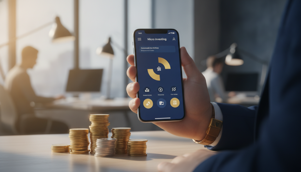 A sleek, modern app interface designed for micro-investing, prominently displayed on a smartphone in the foreground. The smartphone, featuring a clean blue and gold color scheme, is held by a professional looking individual dressed in business attire. In the middle ground, various small, stacked coins symbolize micro-investments, delicately reflecting light. The background shows a blurred office environment, enhancing the focus on the app and coins, with soft, natural lighting creating an inviting atmosphere. The overall mood is one of professionalism and optimism, signifying financial growth and smart investing, with an emphasis on strategy and planning without any text or charts visible. A sleek, modern app interface designed for micro-investing, prominently displayed on a smartphone in the foreground. The smartphone, featuring a clean blue and gold color scheme, is held by a professional looking individual dressed in business attire. In the middle ground, various small, stacked coins symbolize micro-investments, delicately reflecting light. The background shows a blurred office environment, enhancing the focus on the app and coins, with soft, natural lighting creating an inviting atmosphere. The overall mood is one of professionalism and optimism, signifying financial growth and smart investing, with an emphasis on strategy and planning without any text or charts visible.
