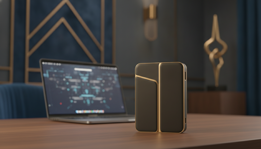 A sleek, modern cold wallet designed for cryptocurrency storage, prominently displayed in the foreground. The wallet is black with subtle gold accents, reflecting a premium quality. In the middle ground, a professional business setting with a polished wooden desk and a soft-focus laptop, symbolizing a digital finance environment. The background features a softly lit room with a sophisticated ambiance, incorporating blue and gold decor elements that enhance the atmosphere. The lighting is warm, radiating a sense of security and professionalism. The overall mood is focused and serious, emphasizing the importance of secure crypto storage. No text, charts, or human subjects in the image.