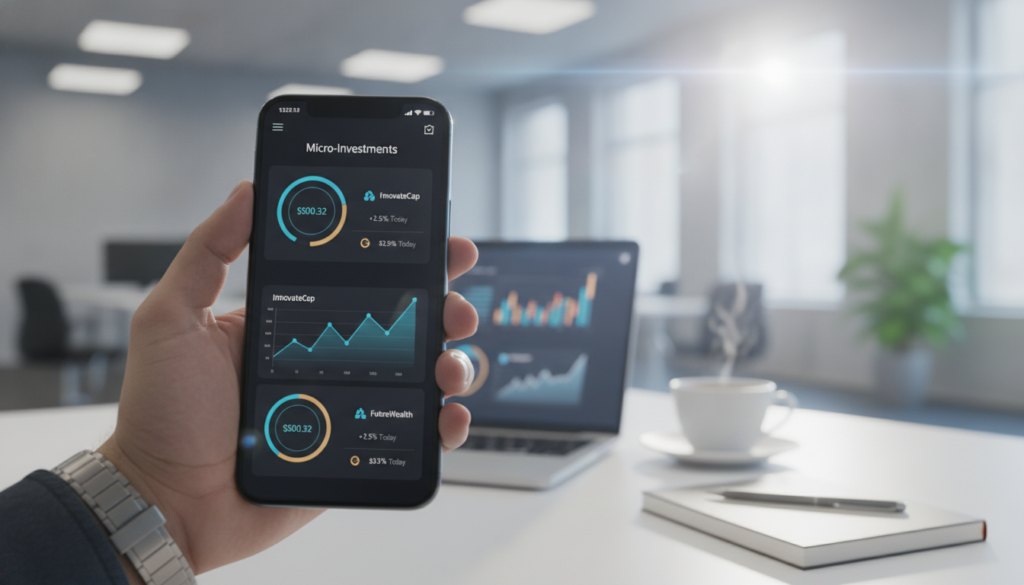 A sleek, modern fintech app interface displayed on a smartphone held in a person’s hand, showcasing micro-investment features with blue and gold accents. In the foreground, focus on the hand and the smartphone, reflecting a clean and premium look. The middle ground features a bright, minimalistic workspace with a laptop, financial charts, and a coffee cup, emphasizing a professional atmosphere. In the background, incorporate soft, diffused office lighting that highlights the tech-savvy environment. The overall mood is optimistic and forward-thinking, capturing the essence of innovation in personal finance management. The image should be photorealistic, without any text or overlaid elements, allowing the subject to shine. A sleek, modern fintech app interface displayed on a smartphone held in a person’s hand, showcasing micro-investment features with blue and gold accents. In the foreground, focus on the hand and the smartphone, reflecting a clean and premium look. The middle ground features a bright, minimalistic workspace with a laptop, financial charts, and a coffee cup, emphasizing a professional atmosphere. In the background, incorporate soft, diffused office lighting that highlights the tech-savvy environment. The overall mood is optimistic and forward-thinking, capturing the essence of innovation in personal finance management. The image should be photorealistic, without any text or overlaid elements, allowing the subject to shine.