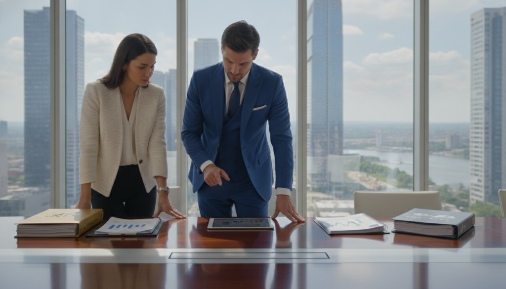 A sleek, modern office environment featuring a large, stylish conference table in the foreground, adorned with gold and silver financial reports and documents symbolizing passive and active management strategies. In the middle, two professional individuals, one dressed in a tailored blue suit representing active management, and the other in a smart casual outfit representing passive management, are engaged in a discussion, analyzing charts and data on a digital tablet. The background should showcase a panoramic view of a city skyline through tall glass windows, illuminated by natural light. The overall atmosphere should convey a sense of professionalism and sophistication, with a clean, premium aesthetic emphasizing the contrast between the two management styles without the inclusion of any text or graphics. A sleek, modern office environment featuring a large, stylish conference table in the foreground, adorned with gold and silver financial reports and documents symbolizing passive and active management strategies. In the middle, two professional individuals, one dressed in a tailored blue suit representing active management, and the other in a smart casual outfit representing passive management, are engaged in a discussion, analyzing charts and data on a digital tablet. The background should showcase a panoramic view of a city skyline through tall glass windows, illuminated by natural light. The overall atmosphere should convey a sense of professionalism and sophistication, with a clean, premium aesthetic emphasizing the contrast between the two management styles without the inclusion of any text or graphics.