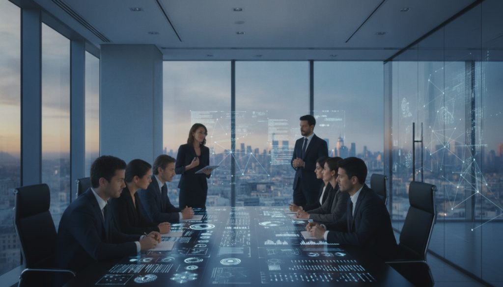 A sleek, modern office environment showcasing Italian innovation in artificial intelligence. In the foreground, a diverse group of professionals in business attire collaborate around a high-tech digital interface displaying AI algorithms and data analytics. The middle layer features windows with a panoramic view of a contemporary Italian cityscape, bathed in soft blue and gold lighting, creating a premium atmosphere. In the background, abstract representations of neural networks and AI concepts are subtly integrated into the office design. The overall mood is one of inspiration and forward-thinking, emphasizing the dynamic landscape of Italian companies leading in AI technology. The scene is photorealistic, with a clean, sophisticated aesthetic, free from any text or branding. A sleek, modern office environment showcasing Italian innovation in artificial intelligence. In the foreground, a diverse group of professionals in business attire collaborate around a high-tech digital interface displaying AI algorithms and data analytics. The middle layer features windows with a panoramic view of a contemporary Italian cityscape, bathed in soft blue and gold lighting, creating a premium atmosphere. In the background, abstract representations of neural networks and AI concepts are subtly integrated into the office design. The overall mood is one of inspiration and forward-thinking, emphasizing the dynamic landscape of Italian companies leading in AI technology. The scene is photorealistic, with a clean, sophisticated aesthetic, free from any text or branding.