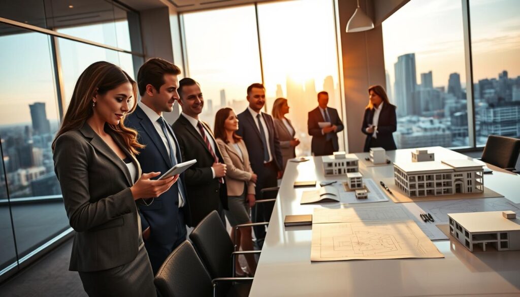A sleek, modern office environment showcasing a diverse group of professionals engaging in a collaborative meeting about real estate crowdfunding. In the foreground, a well-dressed woman is using a tablet to present data, while a man gestures thoughtfully beside her, displaying interest. The middle ground features a large, elegant conference table with architectural models and blueprints strategically placed, surrounded by individuals dressed in business attire, deeply engaged in discussion. The background reveals a city skyline through expansive windows, radiating blue and gold hues from the setting sun, creating an inspiring, professional atmosphere. Soft lighting highlights the participants' faces, emphasizing their focus and determination, while maintaining a clean, premium aesthetic with no distractions. A sleek, modern office environment showcasing a diverse group of professionals engaging in a collaborative meeting about real estate crowdfunding. In the foreground, a well-dressed woman is using a tablet to present data, while a man gestures thoughtfully beside her, displaying interest. The middle ground features a large, elegant conference table with architectural models and blueprints strategically placed, surrounded by individuals dressed in business attire, deeply engaged in discussion. The background reveals a city skyline through expansive windows, radiating blue and gold hues from the setting sun, creating an inspiring, professional atmosphere. Soft lighting highlights the participants' faces, emphasizing their focus and determination, while maintaining a clean, premium aesthetic with no distractions.