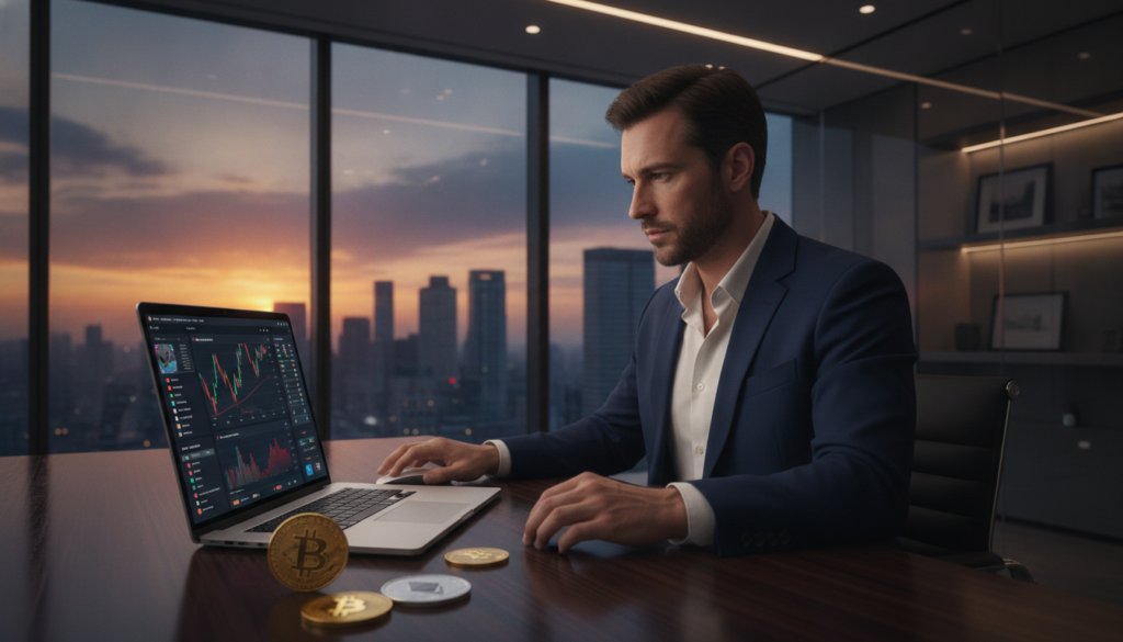A sleek, modern office environment showcasing the concept of cryptocurrency exchange. In the foreground, a polished wooden desk with a sleek laptop displaying a vibrant digital currency dashboard, surrounded by cryptocurrency coins like Bitcoin and Ethereum. In the middle ground, a confident professional in business attire, engaged in deep concentration while analyzing trends on the screen, displaying a sense of focus. The background features a panoramic window with a city skyline during twilight, casting a warm glow of blue and gold hues across the space. Soft, ambient lighting highlights the details of the setup, creating a premium, sophisticated atmosphere perfect for the world of digital finance. The scene conveys professionalism, innovation, and trustworthiness in cryptocurrency trading. A sleek, modern office environment showcasing the concept of cryptocurrency exchange. In the foreground, a polished wooden desk with a sleek laptop displaying a vibrant digital currency dashboard, surrounded by cryptocurrency coins like Bitcoin and Ethereum. In the middle ground, a confident professional in business attire, engaged in deep concentration while analyzing trends on the screen, displaying a sense of focus. The background features a panoramic window with a city skyline during twilight, casting a warm glow of blue and gold hues across the space. Soft, ambient lighting highlights the details of the setup, creating a premium, sophisticated atmosphere perfect for the world of digital finance. The scene conveys professionalism, innovation, and trustworthiness in cryptocurrency trading.