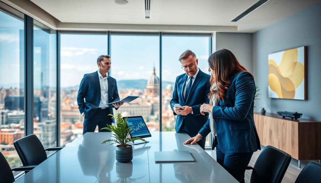 A sleek, modern office environment symbolizing the Italian venture capital scene. In the foreground, a diverse group of three professionals (two men and one woman) in tailored business attire, engaged in a lively discussion over a digital tablet displaying financial data, showcasing collaboration and innovation. The middle ground features a contemporary conference table adorned with a plant, while large windows reveal a panoramic cityscape with iconic Italian architecture under a clear blue sky. The background hints at a dynamic corporate atmosphere with abstract art pieces in warm gold tones. The lighting is bright and professional, evoking an optimistic and ambitious mood, with an emphasis on the blue and gold color palette, symbolizing prestige and wealth. A sleek, modern office environment symbolizing the Italian venture capital scene. In the foreground, a diverse group of three professionals (two men and one woman) in tailored business attire, engaged in a lively discussion over a digital tablet displaying financial data, showcasing collaboration and innovation. The middle ground features a contemporary conference table adorned with a plant, while large windows reveal a panoramic cityscape with iconic Italian architecture under a clear blue sky. The background hints at a dynamic corporate atmosphere with abstract art pieces in warm gold tones. The lighting is bright and professional, evoking an optimistic and ambitious mood, with an emphasis on the blue and gold color palette, symbolizing prestige and wealth.