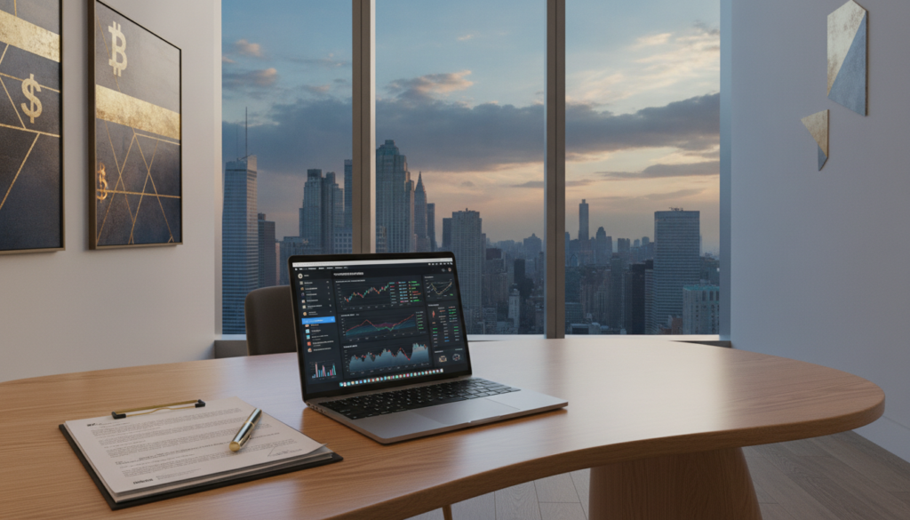 A sleek, modern office environment with a beautifully designed wooden desk at the forefront, showcasing a laptop displaying a digital cryptocurrency dashboard. Professional documents related to tax obligations and cryptocurrency regulation are neatly stacked beside a gold pen. In the mid-ground, a large window reveals a stunning city skyline bathed in soft blue and gold hues, hinting at a late afternoon glow. The walls are adorned with abstract finance-themed art, contributing to a sophisticated atmosphere. Soft, diffused lighting casts subtle shadows, creating a polished and inviting mood. Overall, the scene embodies the intersection of finance and technology, emphasizing professionalism and clarity in the context of cryptocurrency tax obligations. A sleek, modern office environment with a beautifully designed wooden desk at the forefront, showcasing a laptop displaying a digital cryptocurrency dashboard. Professional documents related to tax obligations and cryptocurrency regulation are neatly stacked beside a gold pen. In the mid-ground, a large window reveals a stunning city skyline bathed in soft blue and gold hues, hinting at a late afternoon glow. The walls are adorned with abstract finance-themed art, contributing to a sophisticated atmosphere. Soft, diffused lighting casts subtle shadows, creating a polished and inviting mood. Overall, the scene embodies the intersection of finance and technology, emphasizing professionalism and clarity in the context of cryptocurrency tax obligations.