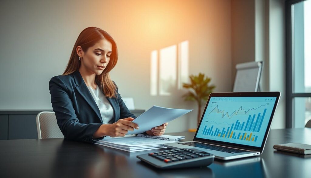 A sleek, modern office environment with a focus on financial management, showing a well-organized desk with a laptop displaying graphs and charts in shades of blue and gold. In the foreground, a professional woman in business attire is reviewing paperwork, her expression focused and determined. In the middle, there are financial documents neatly arranged alongside a stylish calculator, symbolizing flexible payment options. The background features a large window with natural light streaming in, casting a warm ambiance across the room, enhancing productivity and clarity. The overall mood is one of confidence and professionalism, depicting a clean, premium look without any text or distractions. A sleek, modern office environment with a focus on financial management, showing a well-organized desk with a laptop displaying graphs and charts in shades of blue and gold. In the foreground, a professional woman in business attire is reviewing paperwork, her expression focused and determined. In the middle, there are financial documents neatly arranged alongside a stylish calculator, symbolizing flexible payment options. The background features a large window with natural light streaming in, casting a warm ambiance across the room, enhancing productivity and clarity. The overall mood is one of confidence and professionalism, depicting a clean, premium look without any text or distractions.