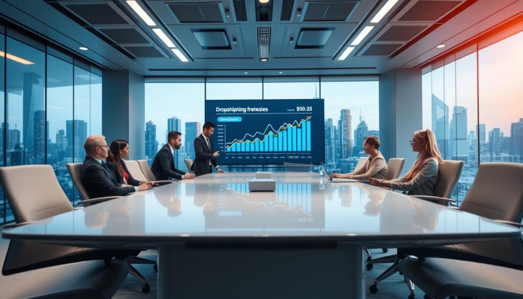 A sleek, modern office environment with a large conference table in the foreground, surrounded by professional individuals in smart business attire discussing dropshipping strategies. In the middle, a digital screen displays analytics related to e-commerce trends and forecasts, highlighting growth potential in a futuristic setting. The background features a panoramic city skyline with blue and gold lighting, symbolizing prosperity and innovation. The atmosphere is focused and dynamic, suggesting collaboration and forward-thinking. Soft, ambient lighting creates a welcoming yet professional mood, with a low angle perspective to emphasize the importance of the subject matter. The overall color scheme of blue and gold enhances the premium look, evoking a sense of optimism about the future of dropshipping.