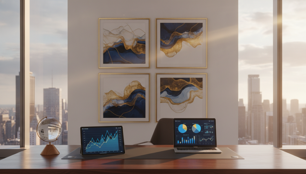 A sleek, modern office setting featuring a large wooden desk with an array of financial analysis tools, such as charts and graphs subtly placed in the foreground. In the middle ground, an elegant wall display showcasing framed abstract art that represents market trends, using blue and gold colors for a premium feel. The background features a large window with a city skyline view, illuminated by soft afternoon sunlight streaming in, creating a warm and inviting atmosphere. The overall mood is professional and polished. Keep the composition clean with no text or overlays, ensuring a focus on the sophisticated elements of technical analysis. A sleek, modern office setting featuring a large wooden desk with an array of financial analysis tools, such as charts and graphs subtly placed in the foreground. In the middle ground, an elegant wall display showcasing framed abstract art that represents market trends, using blue and gold colors for a premium feel. The background features a large window with a city skyline view, illuminated by soft afternoon sunlight streaming in, creating a warm and inviting atmosphere. The overall mood is professional and polished. Keep the composition clean with no text or overlays, ensuring a focus on the sophisticated elements of technical analysis.