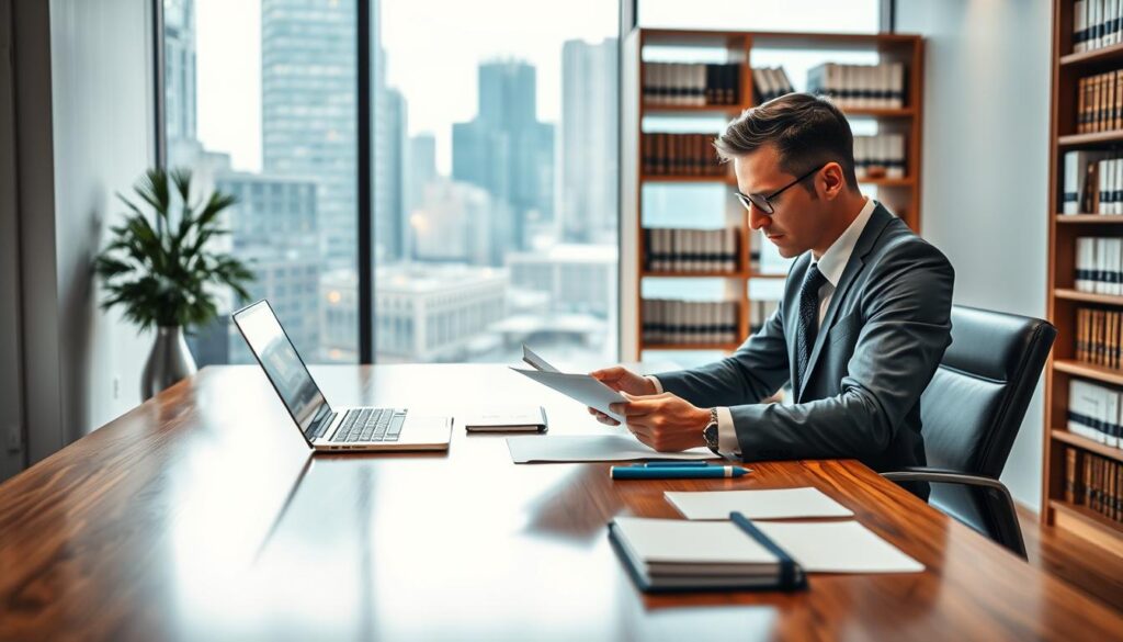 A sleek, modern office setting featuring a polished wooden desk with a high-end laptop, notes, and stationery neatly arranged. In the foreground, a business professional in formal attire examines documents, engaged in thoughtful analysis. In the middle ground, a large window reveals a bustling cityscape, subtly contrasting with the calm inside. The background showcases a minimalist bookshelf filled with law books and innovation reports, hinting at the theme of research and development tax credits. Soft, diffused blue and gold lighting creates an inviting ambiance, emphasizing professionalism and sophistication. The overall atmosphere conveys a sense of diligence and progress within the realm of finance and innovation. The image embodies the essence of legislative compliance and recent updates in research and development incentives. A sleek, modern office setting featuring a polished wooden desk with a high-end laptop, notes, and stationery neatly arranged. In the foreground, a business professional in formal attire examines documents, engaged in thoughtful analysis. In the middle ground, a large window reveals a bustling cityscape, subtly contrasting with the calm inside. The background showcases a minimalist bookshelf filled with law books and innovation reports, hinting at the theme of research and development tax credits. Soft, diffused blue and gold lighting creates an inviting ambiance, emphasizing professionalism and sophistication. The overall atmosphere conveys a sense of diligence and progress within the realm of finance and innovation. The image embodies the essence of legislative compliance and recent updates in research and development incentives.