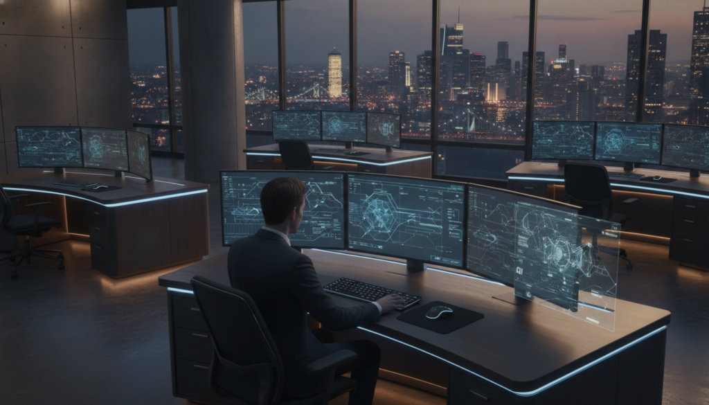 A sleek, modern office setting filled with advanced trading technology. In the foreground, a professional individual in business attire analyzes real-time data on multiple screens displaying algorithmic trading graphs and automated trading systems like Expert Advisors and Scripts. The middle layer showcases elegant desks and sophisticated trading terminals, illuminated by cool blue and warm gold lighting to create a premium ambiance. In the background, panoramic windows reveal a city skyline, suggesting a bustling financial district. The atmosphere is focused and dynamic, reflecting the cutting-edge nature of automated trading. A photorealistic style enhances the details, with textures and reflections that emphasize the high-tech environment. No text or charts should be present.