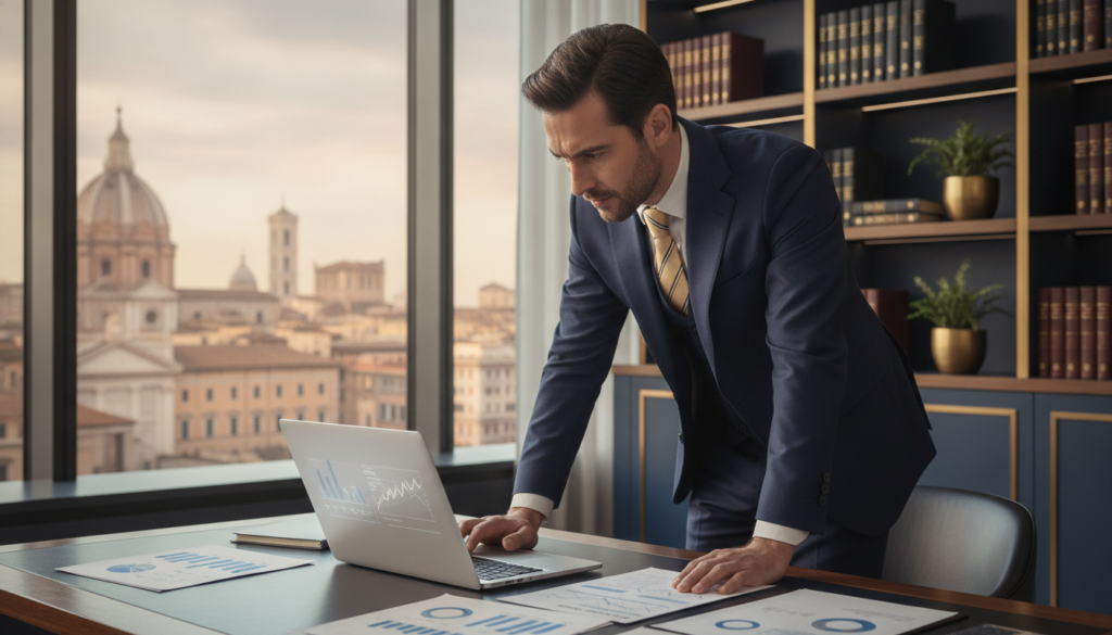 A sleek, modern office setting with a polished wooden desk in the foreground, adorned with financial documents and a high-end laptop displaying charts and graphs (but no actual text). A person in professional business attire, such as a tailored suit in navy blue, is intently analyzing data on the laptop, with a focused expression. In the middle ground, there are large windows showcasing a bustling cityscape with iconic Italian architecture bathed in soft, natural light, emphasizing a bright and optimistic atmosphere. The background features shelves with finance books and decorative plants, all in a blue and gold color palette, conveying a sense of professionalism and wealth. The overall mood is one of diligence and sophistication, inspiring confidence in investment analysis. A sleek, modern office setting with a polished wooden desk in the foreground, adorned with financial documents and a high-end laptop displaying charts and graphs (but no actual text). A person in professional business attire, such as a tailored suit in navy blue, is intently analyzing data on the laptop, with a focused expression. In the middle ground, there are large windows showcasing a bustling cityscape with iconic Italian architecture bathed in soft, natural light, emphasizing a bright and optimistic atmosphere. The background features shelves with finance books and decorative plants, all in a blue and gold color palette, conveying a sense of professionalism and wealth. The overall mood is one of diligence and sophistication, inspiring confidence in investment analysis.