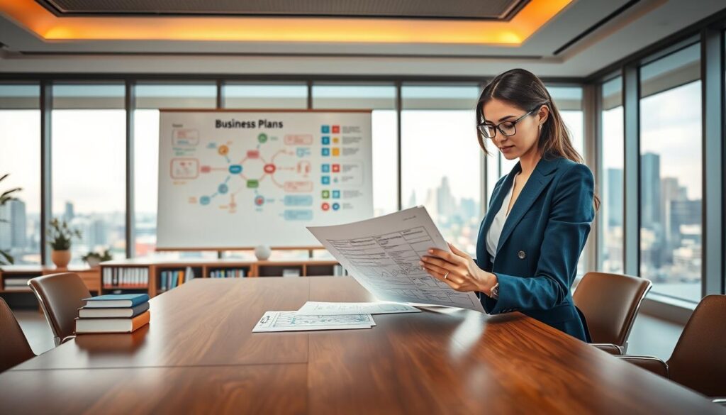 A sleek, modern office space filled with natural light, featuring a polished wooden table adorned with an elegant gold and blue color scheme. In the foreground, a professional businesswoman, dressed in smart business attire, is reviewing a detailed business plan document, her expression focused and determined. Behind her, a large whiteboard displays colorful mind maps and diagrams related to key business elements, symbolizing strategic planning. The middle ground shows a well-organized bookshelf filled with finance and entrepreneurship books, creating an atmosphere of knowledge and professionalism. Soft, warm ambient lighting enhances the sophisticated mood, while a panoramic view of a city skyline is visible through large windows in the background, adding a dynamic urban element. The image captures the essence of a successful business environment, reflecting the theme of crafting a winning business plan. A sleek, modern office space filled with natural light, featuring a polished wooden table adorned with an elegant gold and blue color scheme. In the foreground, a professional businesswoman, dressed in smart business attire, is reviewing a detailed business plan document, her expression focused and determined. Behind her, a large whiteboard displays colorful mind maps and diagrams related to key business elements, symbolizing strategic planning. The middle ground shows a well-organized bookshelf filled with finance and entrepreneurship books, creating an atmosphere of knowledge and professionalism. Soft, warm ambient lighting enhances the sophisticated mood, while a panoramic view of a city skyline is visible through large windows in the background, adding a dynamic urban element. The image captures the essence of a successful business environment, reflecting the theme of crafting a winning business plan.