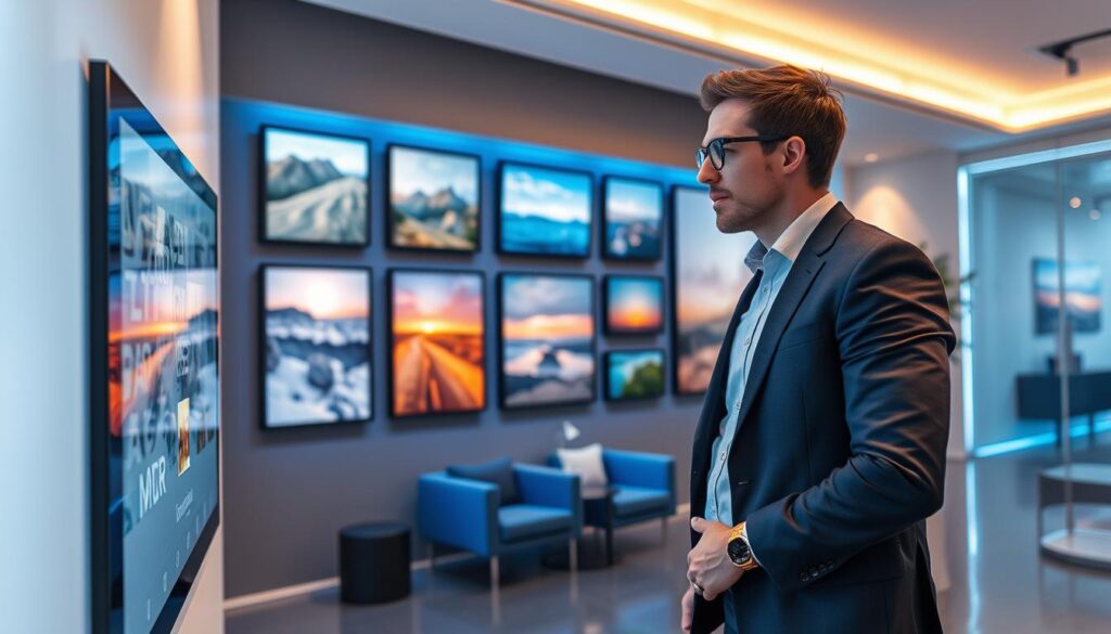 A sleek modern office space showcasing a photographer's gallery enhanced by artificial intelligence. In the foreground, a professional photographer in smart casual attire stands beside a high-tech touchscreen display, interacting with an AI interface that curates stunning visuals. The middle ground features wall-mounted digital frames, showcasing vibrant photographs, with a focus on abstract art and landscapes, illuminated by soft blue and gold lighting to create an inviting atmosphere. In the background, a minimalist decor with stylish furniture complements the clean, premium look of the space. The camera angle is slightly angled down for a dynamic perspective, emphasizing the blending of technology and artistry, capturing a sense of innovation and creativity.
