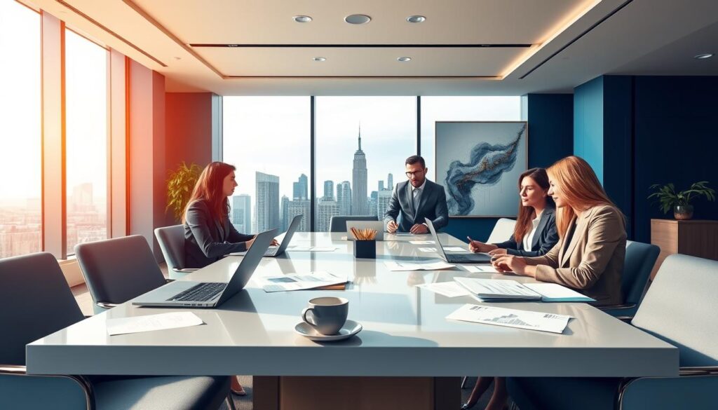 A sleek, modern office space with sophisticated design elements in blue and gold tones. In the foreground, a large table is set with laptops, financial reports, and a coffee cup, suggesting a collaborative environment. Business professionals, dressed in smart attire, engage in discussion, sharing ideas about equity crowdfunding. In the middle ground, large windows reveal a city skyline, incorporating good lighting that enhances the clean and premium atmosphere. The background features abstract artwork representing growth and investment. The overall mood is focused and inspiring, conveying a sense of innovation and opportunity in the world of online equity crowdfunding platforms. A sleek, modern office space with sophisticated design elements in blue and gold tones. In the foreground, a large table is set with laptops, financial reports, and a coffee cup, suggesting a collaborative environment. Business professionals, dressed in smart attire, engage in discussion, sharing ideas about equity crowdfunding. In the middle ground, large windows reveal a city skyline, incorporating good lighting that enhances the clean and premium atmosphere. The background features abstract artwork representing growth and investment. The overall mood is focused and inspiring, conveying a sense of innovation and opportunity in the world of online equity crowdfunding platforms.