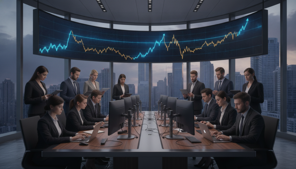 A sleek, modern trading office environment, showcasing a large digital screen displaying rising cryptocurrency charts in blue and gold tones. In the foreground, a diverse group of professional traders, dressed in business attire, intently analyzing data on laptops and tablets. The middle ground features a high-tech trading desk with various devices, emphasizing a dynamic atmosphere of financial activity. In the background, large windows let in natural light, enhancing the premium feel of the space, while urban skyline views suggest a bustling financial district. The overall mood is focused and energetic, reflecting the excitement and potential of leveraged cryptocurrency trading. High-quality, photorealistic lighting highlights these elements, creating a clean and sophisticated ambiance.