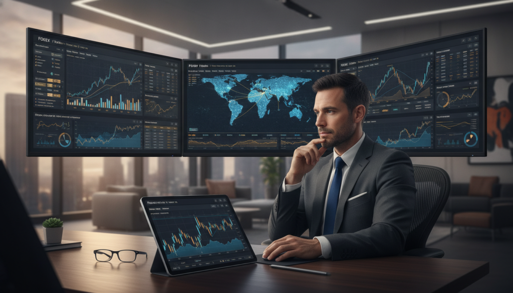 A sleek, modern trading platform interface displayed on multiple high-resolution monitors in a professional office setting. The foreground features a digital tablet showing real-time Forex trading charts and graphs, highlighting blue and gold colors for an elegant look. In the middle ground, a focused individual in business attire analyzes the screens, showcasing determination and professionalism. The background presents a stylish office with glass walls and contemporary decor, bathed in soft, natural light for an inviting atmosphere. The overall mood conveys a sense of precision, competence, and a premium finance environment, embodying the essence of trading excellence. A sleek, modern trading platform interface displayed on multiple high-resolution monitors in a professional office setting. The foreground features a digital tablet showing real-time Forex trading charts and graphs, highlighting blue and gold colors for an elegant look. In the middle ground, a focused individual in business attire analyzes the screens, showcasing determination and professionalism. The background presents a stylish office with glass walls and contemporary decor, bathed in soft, natural light for an inviting atmosphere. The overall mood conveys a sense of precision, competence, and a premium finance environment, embodying the essence of trading excellence.