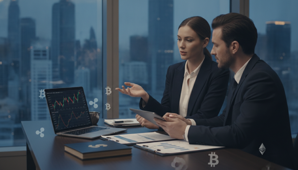 A sleek, photorealistic office environment featuring a contemporary desk with a laptop open, showcasing cryptocurrency-related charts with graphs. In the foreground, a woman in professional business attire is engaged in discussions with a colleague, examining digital assets displayed on a tablet. The middle ground includes various financial documents, a gold-colored ledger, and an array of cryptocurrency icons subtly integrated into the design. The background should show a modern city skyline through a large panoramic window, bathed in soft blue and gold lighting that creates a sophisticated atmosphere. The scene is well-composed, with a depth of field that keeps the focus on the professionals while adding an elegant depth to the environment, reflecting the financial sector's dynamic nature. A sleek, photorealistic office environment featuring a contemporary desk with a laptop open, showcasing cryptocurrency-related charts with graphs. In the foreground, a woman in professional business attire is engaged in discussions with a colleague, examining digital assets displayed on a tablet. The middle ground includes various financial documents, a gold-colored ledger, and an array of cryptocurrency icons subtly integrated into the design. The background should show a modern city skyline through a large panoramic window, bathed in soft blue and gold lighting that creates a sophisticated atmosphere. The scene is well-composed, with a depth of field that keeps the focus on the professionals while adding an elegant depth to the environment, reflecting the financial sector's dynamic nature.