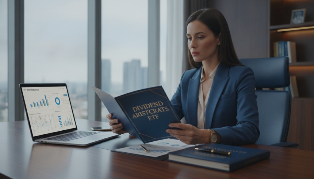 A sleek, photorealistic office scene centered around the concept of "ETF on Dividend Aristocrats." In the foreground, a polished wooden desk displays a luxurious gold and blue ETF brochure, next to a high-end laptop showing financial data. There are subtle decorative elements like a sophisticated pen and a stylish financial report. In the middle, a confident professional in business attire is analyzing the brochure, exuding focus and determination. The background features a modern office space with large windows, allowing natural light to flood in, illuminating the sophisticated decor. The overall mood is one of professionalism and wealth, with the blue and gold color palette creating an atmosphere of premium investment potential and financial success. The composition should evoke a sense of trust and excellence in investment strategies. A sleek, photorealistic office scene centered around the concept of "ETF on Dividend Aristocrats." In the foreground, a polished wooden desk displays a luxurious gold and blue ETF brochure, next to a high-end laptop showing financial data. There are subtle decorative elements like a sophisticated pen and a stylish financial report. In the middle, a confident professional in business attire is analyzing the brochure, exuding focus and determination. The background features a modern office space with large windows, allowing natural light to flood in, illuminating the sophisticated decor. The overall mood is one of professionalism and wealth, with the blue and gold color palette creating an atmosphere of premium investment potential and financial success. The composition should evoke a sense of trust and excellence in investment strategies.
