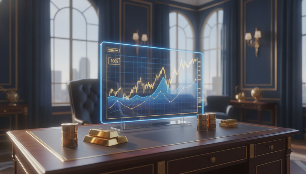 A sophisticated finance office environment themed in blue and gold, representing the impact of inflation on commodity resources. In the foreground, a polished wooden desk features gold bars and oil barrels, symbolizing precious metals and energy resources. In the middle ground, a realistic stock market chart subtly hints at economic cycles without text, showing fluctuating trends. The background depicts a modern city skyline through large windows, with soft, natural light casting gentle shadows, creating an inviting atmosphere. The overall mood is one of professionalism and financial acumen, inviting viewers to consider investment strategies in a world influenced by inflation. A sophisticated finance office environment themed in blue and gold, representing the impact of inflation on commodity resources. In the foreground, a polished wooden desk features gold bars and oil barrels, symbolizing precious metals and energy resources. In the middle ground, a realistic stock market chart subtly hints at economic cycles without text, showing fluctuating trends. The background depicts a modern city skyline through large windows, with soft, natural light casting gentle shadows, creating an inviting atmosphere. The overall mood is one of professionalism and financial acumen, inviting viewers to consider investment strategies in a world influenced by inflation.