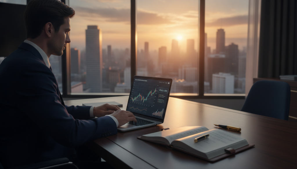 A sophisticated office scene focusing on the concept of capital protection through the 2% rule in trading. In the foreground, a professional business person in smart attire, analyzing market trends on a sleek laptop with financial graphs subtly displayed on the screen. The middle ground features a stylish wooden desk adorned with a notepad and a gold pen, symbolizing strategic planning. The background showcases an elegant window view of a modern city skyline during golden hour, casting soft, warm light into the room. The overall color palette includes rich blue tones accented with gold, creating a premium and clean atmosphere, emphasizing focus and clarity in financial decision-making. A sophisticated office scene focusing on the concept of capital protection through the 2% rule in trading. In the foreground, a professional business person in smart attire, analyzing market trends on a sleek laptop with financial graphs subtly displayed on the screen. The middle ground features a stylish wooden desk adorned with a notepad and a gold pen, symbolizing strategic planning. The background showcases an elegant window view of a modern city skyline during golden hour, casting soft, warm light into the room. The overall color palette includes rich blue tones accented with gold, creating a premium and clean atmosphere, emphasizing focus and clarity in financial decision-making.