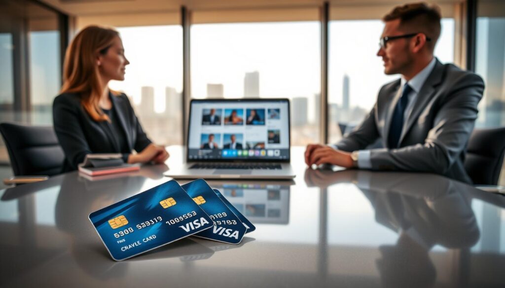 A sophisticated office setting featuring a professional businesswoman and businessman discussing travel benefits over a sleek, modern table. In the foreground, elegant credit cards with blue and gold designs are prominently displayed, reflecting the premium feel of travel credit cards. In the middle ground, a laptop screen shows travel websites and cashback offers, subtly hinting at the advantages for frequent travelers. The background features a city skyline visible through large windows, casting soft natural light that enhances the ambiance. The overall mood is optimistic and refined, emphasizing exclusivity and the benefits of travel rewards. The composition captures a sense of professionalism and aspiration, perfect for a financial article. A sophisticated office setting featuring a professional businesswoman and businessman discussing travel benefits over a sleek, modern table. In the foreground, elegant credit cards with blue and gold designs are prominently displayed, reflecting the premium feel of travel credit cards. In the middle ground, a laptop screen shows travel websites and cashback offers, subtly hinting at the advantages for frequent travelers. The background features a city skyline visible through large windows, casting soft natural light that enhances the ambiance. The overall mood is optimistic and refined, emphasizing exclusivity and the benefits of travel rewards. The composition captures a sense of professionalism and aspiration, perfect for a financial article.