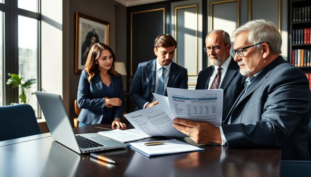 A sophisticated office setting featuring a sleek desk with a laptop, financial documents, and a stylish pen resting on a notepad. In the foreground, a diverse group of three professionals, a woman in a modern business suit with blue accents, a man in a smart casual outfit, and a middle-aged man in a tailored suit, are engaged in a focused discussion, reviewing a personalized life insurance policy. The middle ground reveals a large window with natural daylight flooding in, casting soft shadows. The background includes elegant decor, such as framed artwork and a bookshelf filled with finance books. The color palette emphasizes deep blue and gold tones, creating a clean, premium look. The overall atmosphere is one of professionalism, trust, and careful consideration. A sophisticated office setting featuring a sleek desk with a laptop, financial documents, and a stylish pen resting on a notepad. In the foreground, a diverse group of three professionals, a woman in a modern business suit with blue accents, a man in a smart casual outfit, and a middle-aged man in a tailored suit, are engaged in a focused discussion, reviewing a personalized life insurance policy. The middle ground reveals a large window with natural daylight flooding in, casting soft shadows. The background includes elegant decor, such as framed artwork and a bookshelf filled with finance books. The color palette emphasizes deep blue and gold tones, creating a clean, premium look. The overall atmosphere is one of professionalism, trust, and careful consideration.
