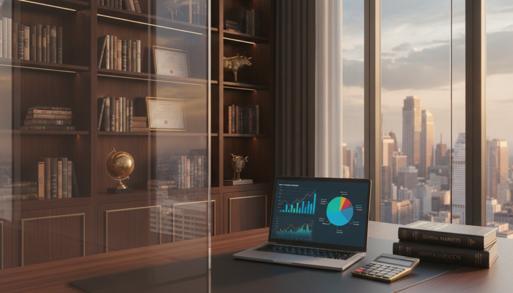 A sophisticated office setting representing portfolio diversification in trading. In the foreground, a sleek wooden desk with a laptop showcasing abstract financial graphs and colorful pie charts. A neatly arranged set of trading books and a stylish calculator are also present. In the middle, a clear glass partition reflects a panoramic city view through large windows, symbolizing wide market access. In the background, shelves filled with various financial literature and decorative items create a premium atmosphere. The lighting is soft yet bright, casting a warm glow across the scene. The color palette features elegant shades of blue and gold, emphasizing a sense of professionalism and success. The overall mood is one of determination and strategic planning, ideal for illustrating trading portfolio diversification strategies. A sophisticated office setting representing portfolio diversification in trading. In the foreground, a sleek wooden desk with a laptop showcasing abstract financial graphs and colorful pie charts. A neatly arranged set of trading books and a stylish calculator are also present. In the middle, a clear glass partition reflects a panoramic city view through large windows, symbolizing wide market access. In the background, shelves filled with various financial literature and decorative items create a premium atmosphere. The lighting is soft yet bright, casting a warm glow across the scene. The color palette features elegant shades of blue and gold, emphasizing a sense of professionalism and success. The overall mood is one of determination and strategic planning, ideal for illustrating trading portfolio diversification strategies.