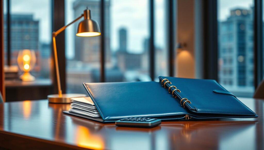 A sophisticated, photorealistic depiction of a finance portfolio on an elegant wooden desk. In the foreground, a blue leather portfolio is elegantly opened, revealing organized sections with neatly stacked documents and a calculator. The middle ground features a sleek, gold-accented desk lamp casting warm light that enhances the ambiance. In the background, a blurred modern office setting showcases large windows with a cityscape view, adding depth to the environment. This image captures a professional atmosphere, emphasizing the themes of meticulous organization and strategic financial planning. The color palette dominates in shades of blue and gold, conveying a sense of luxury and professionalism, evoking a decisive, focused mood. A sophisticated, photorealistic depiction of a finance portfolio on an elegant wooden desk. In the foreground, a blue leather portfolio is elegantly opened, revealing organized sections with neatly stacked documents and a calculator. The middle ground features a sleek, gold-accented desk lamp casting warm light that enhances the ambiance. In the background, a blurred modern office setting showcases large windows with a cityscape view, adding depth to the environment. This image captures a professional atmosphere, emphasizing the themes of meticulous organization and strategic financial planning. The color palette dominates in shades of blue and gold, conveying a sense of luxury and professionalism, evoking a decisive, focused mood.